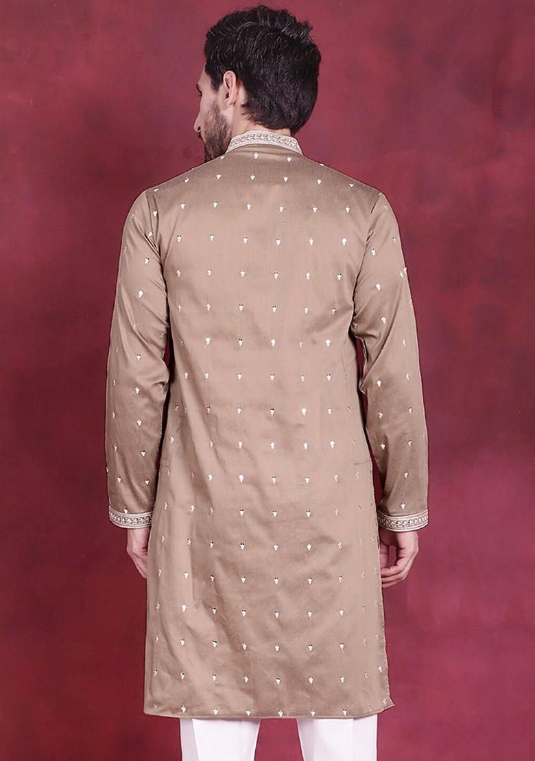 Beige Embroidered Poly Blend Kurta For Men
