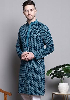 Black Embroidered Poly Blend Kurta For Men