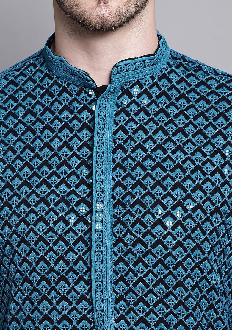 Black Embroidered Poly Blend Kurta For Men