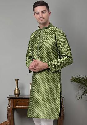 Olive Embroidered Poly Blend Kurta For Men