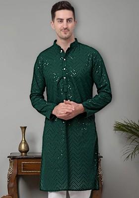Olive Embroidered Poly Blend Kurta For Men