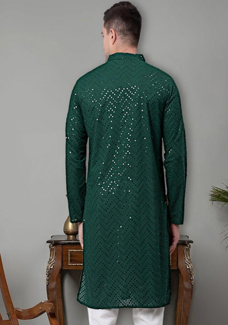 Olive Embroidered Poly Blend Kurta For Men