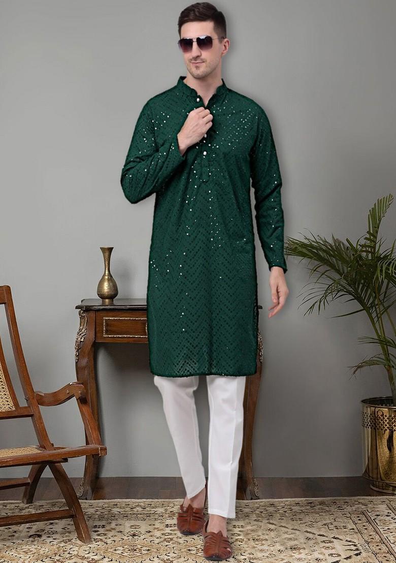 Olive Embroidered Poly Blend Kurta For Men