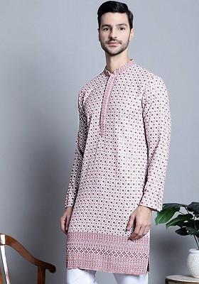 White Embroidered Poly Blend Kurta For Men