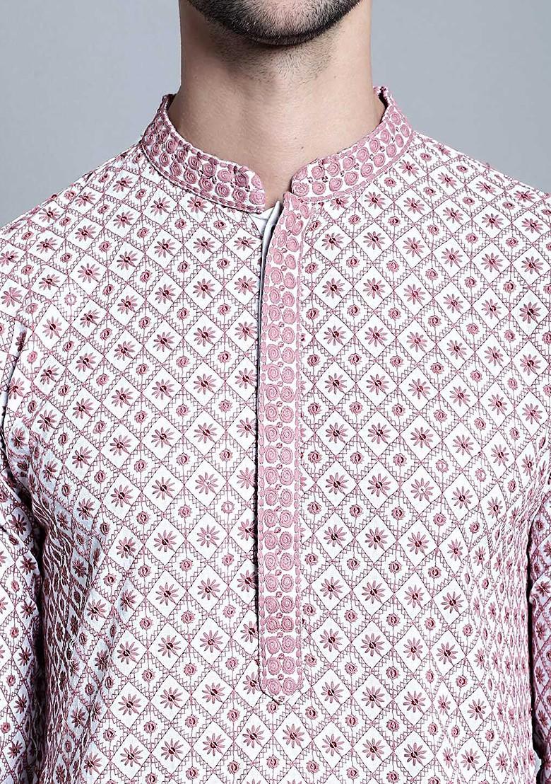 White Embroidered Poly Blend Kurta For Men