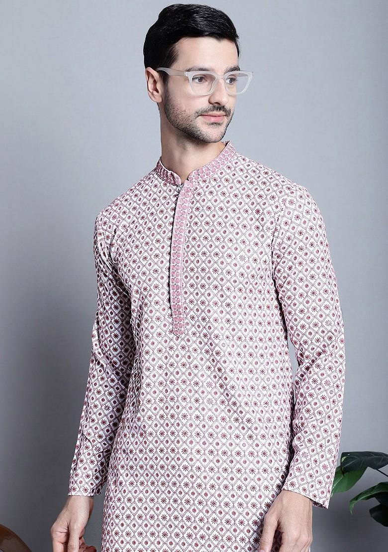 White Embroidered Poly Blend Kurta For Men