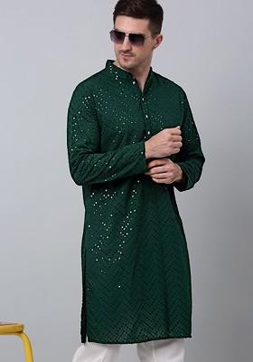 Green Embroidered Poly Blend Kurta For Men