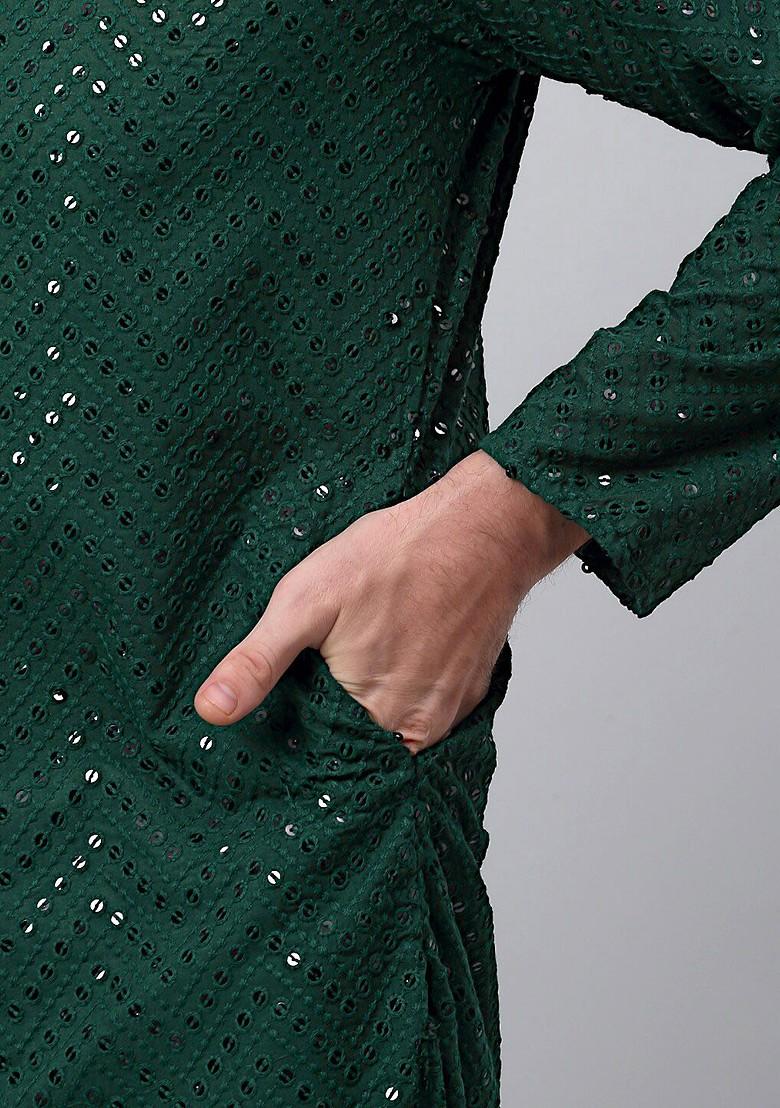 Green Embroidered Poly Blend Kurta For Men