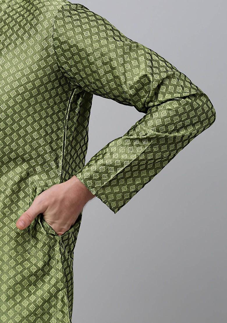 Olive Woven Design Poly Blend Kurta For Men