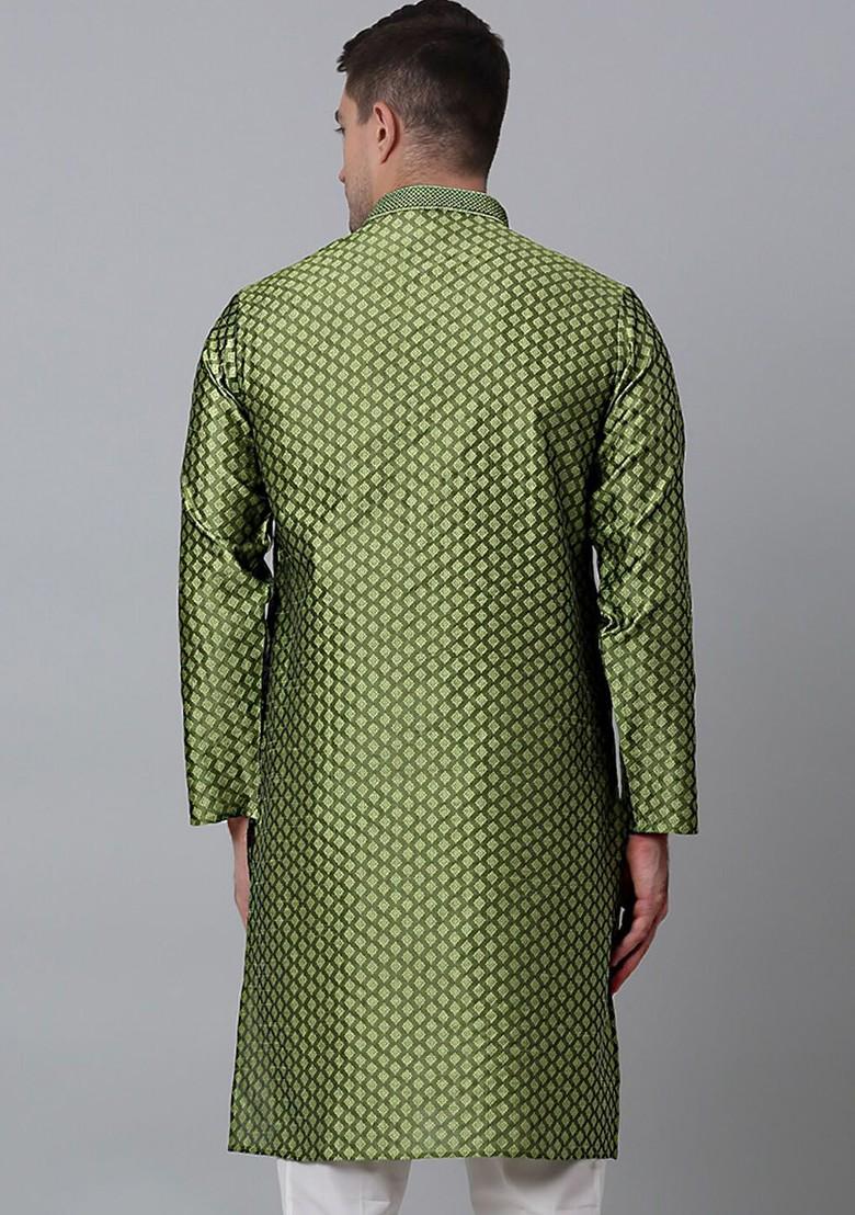 Olive Woven Design Poly Blend Kurta For Men