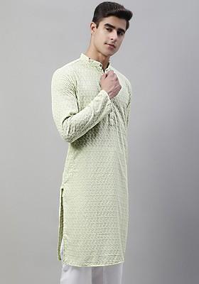 Green Embroidered Poly Blend Kurta For Men