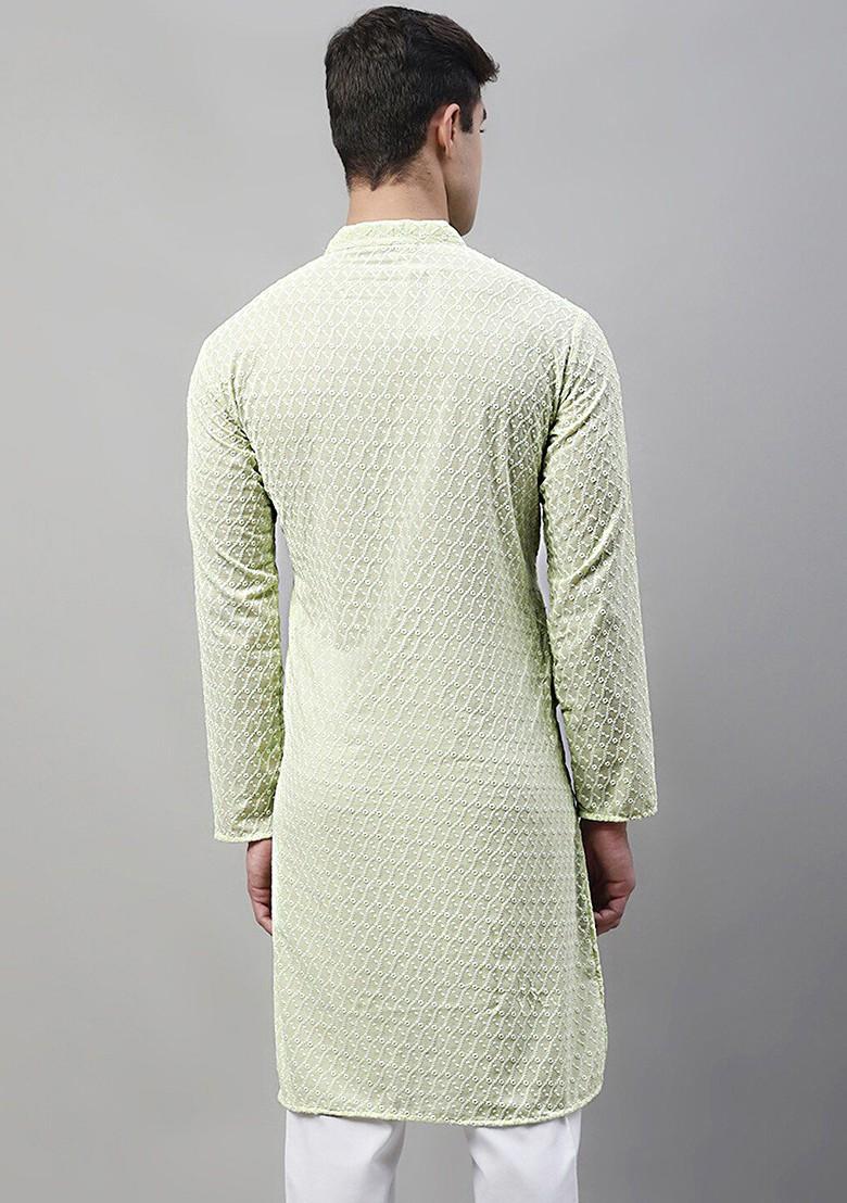 Green Embroidered Poly Blend Kurta For Men