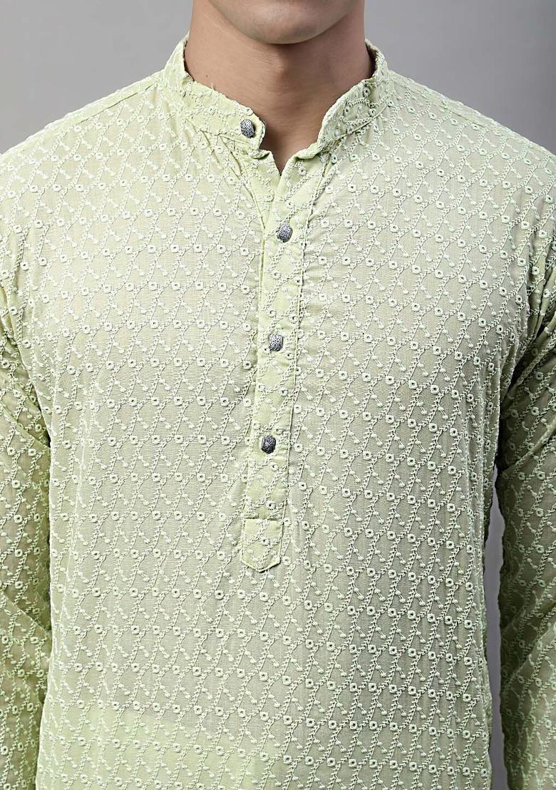 Green Embroidered Poly Blend Kurta For Men