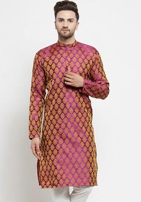 Pink Woven Design Poly Blend Kurta For Men
