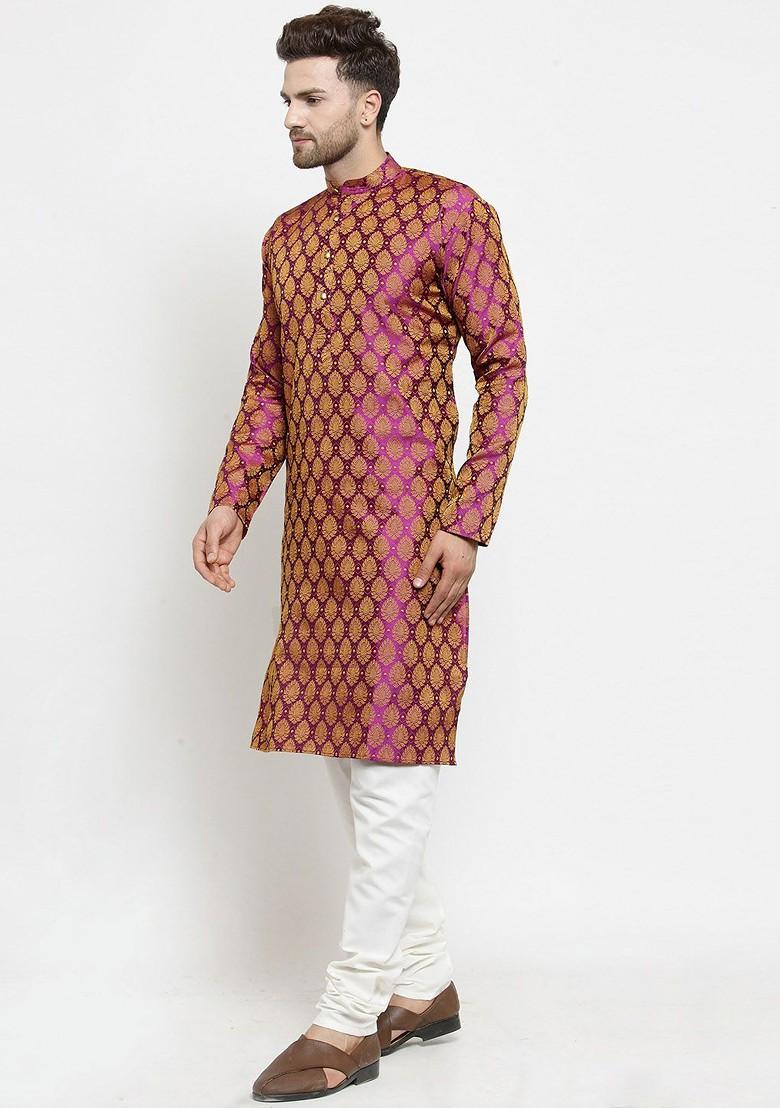 Pink Woven Design Poly Blend Kurta For Men