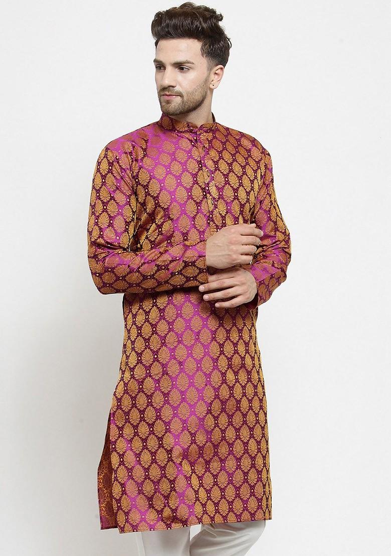 Pink Woven Design Poly Blend Kurta For Men