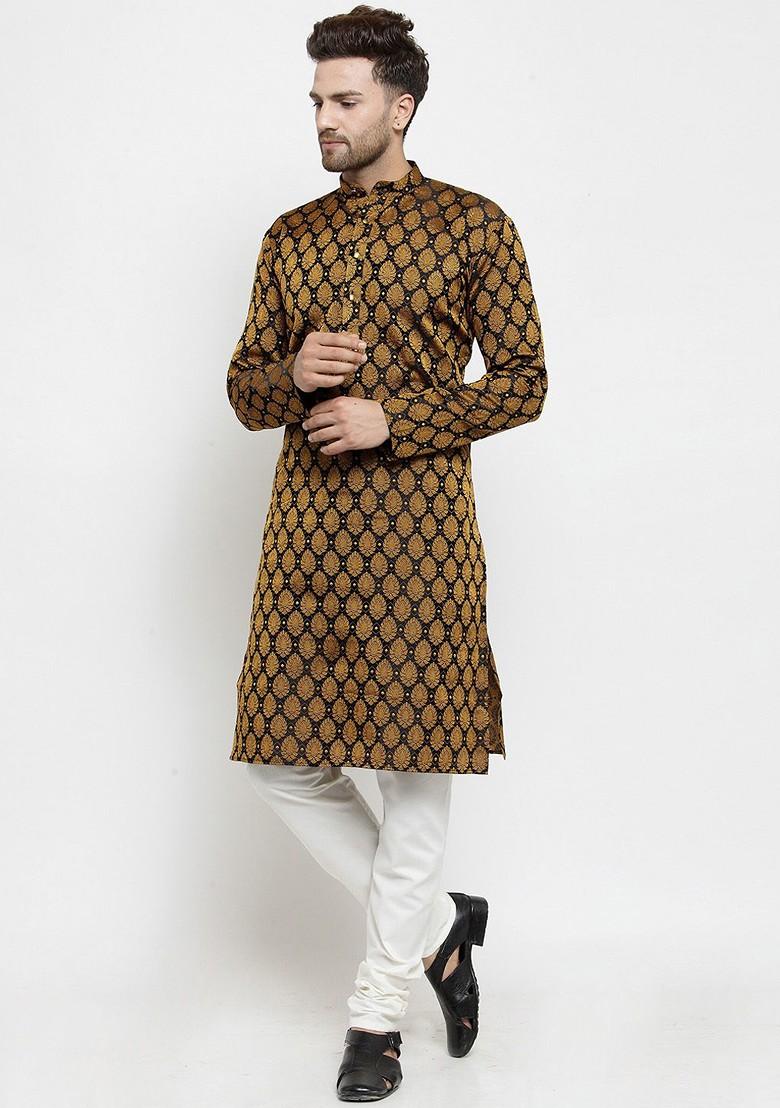 Black Woven Design Poly Blend Kurta For Men