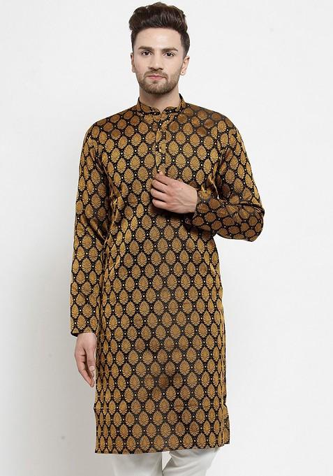 Black Woven Design Poly Blend Kurta For Men — view on Indya