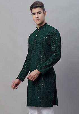 Green Embroidered Poly Blend Kurta For Men