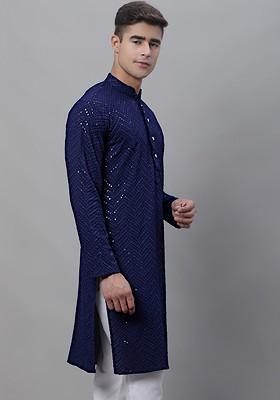Navy Blue Embroidered Poly Blend Kurta For Men