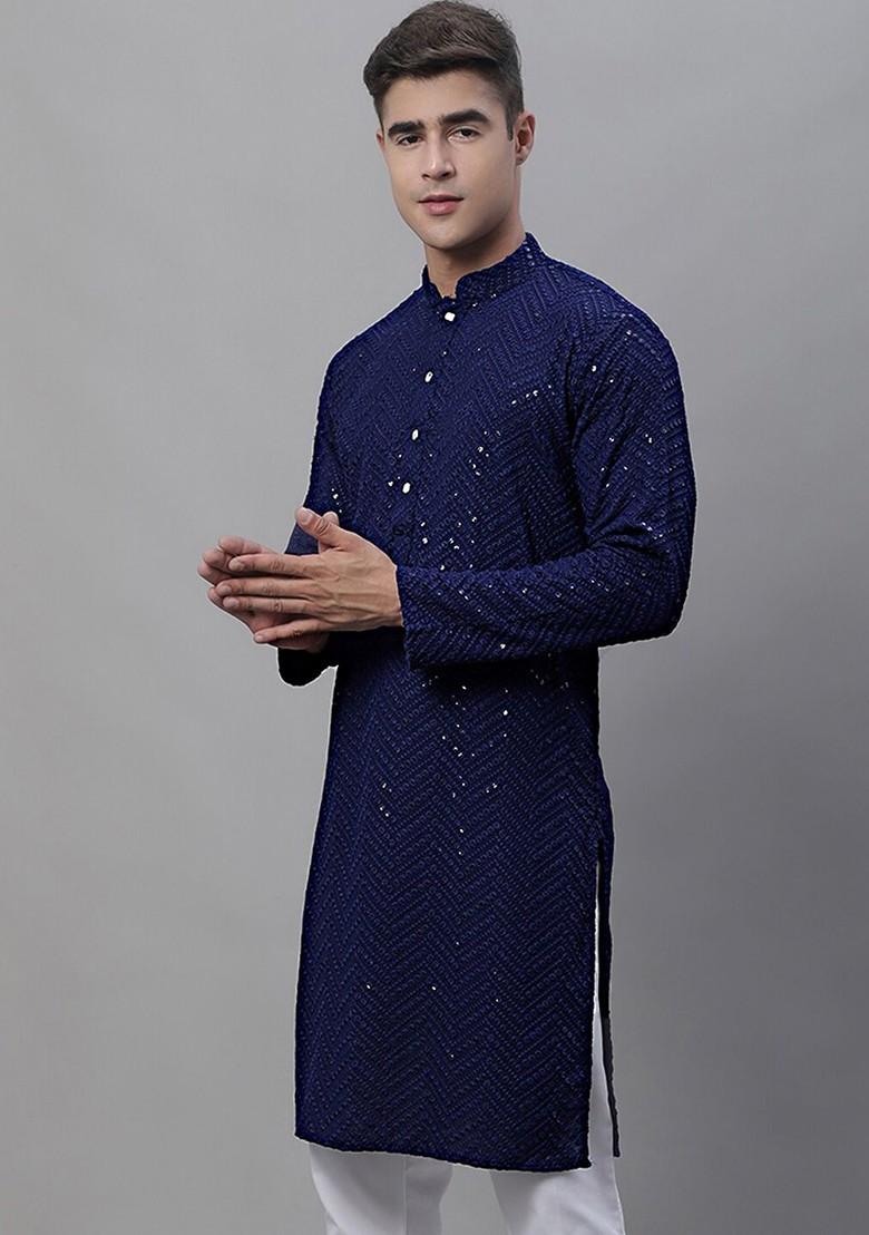 Navy Blue Embroidered Poly Blend Kurta For Men