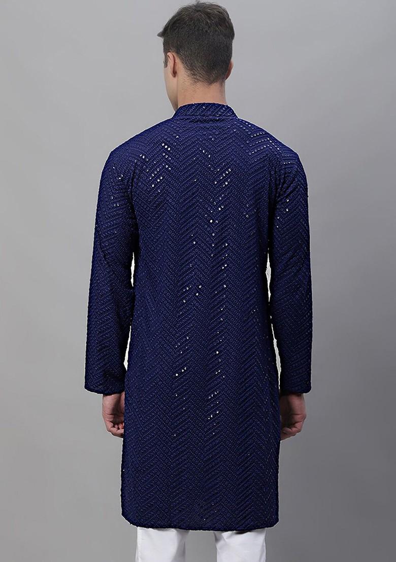 Navy Blue Embroidered Poly Blend Kurta For Men