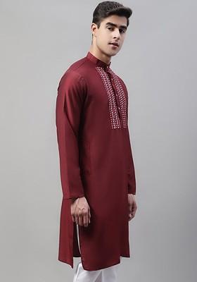 Maroon Embroidered Poly Blend Kurta For Men