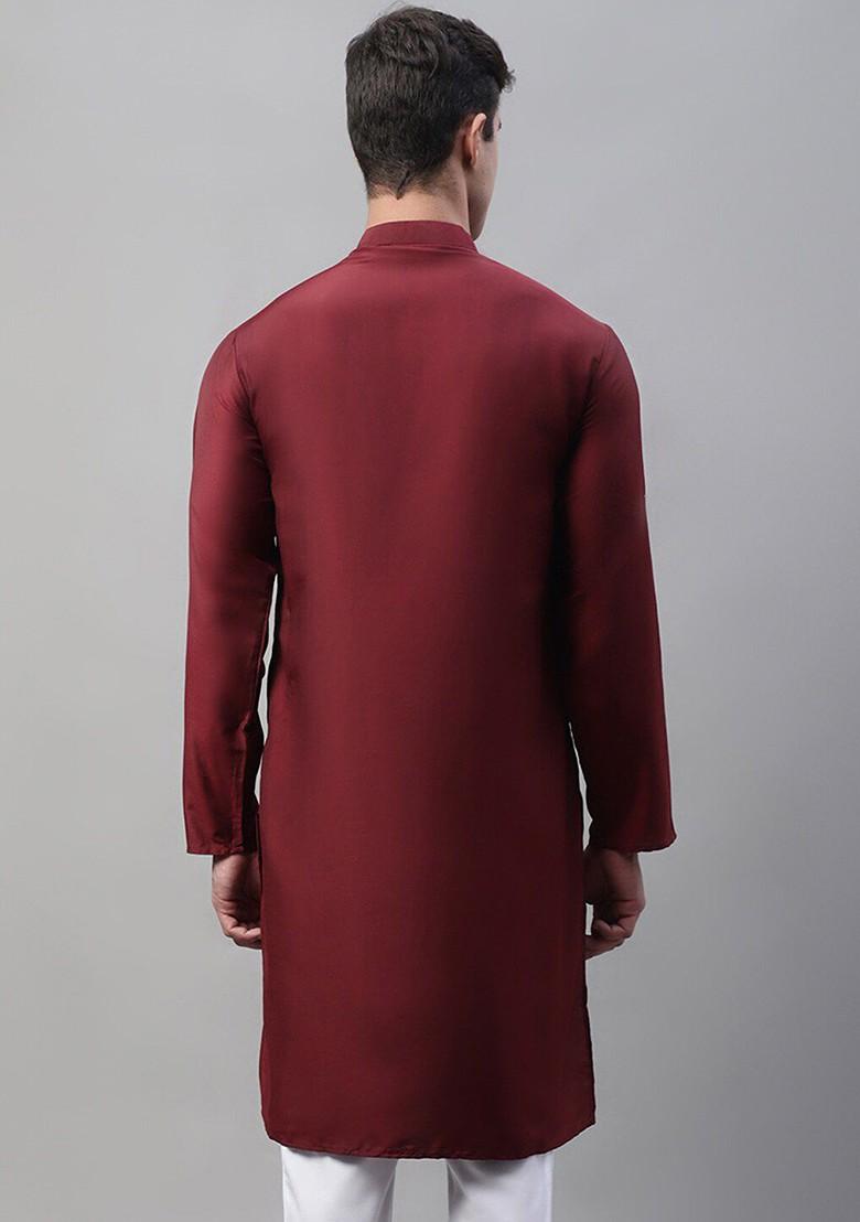 Maroon Embroidered Poly Blend Kurta For Men