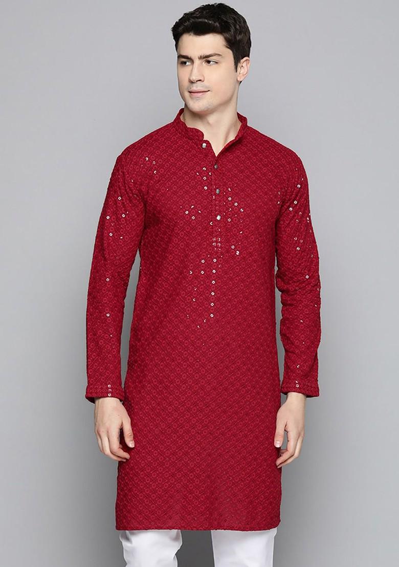 Red Embroidered Poly Blend Kurta For Men