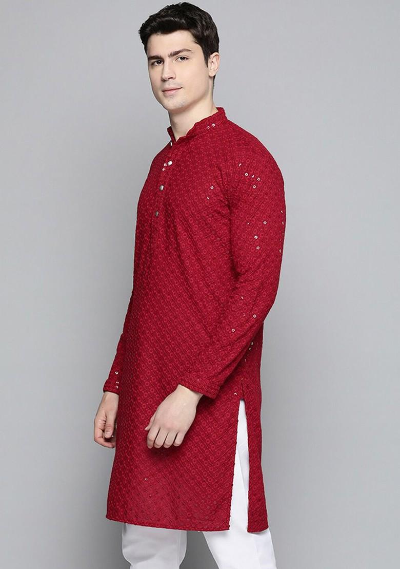 Red Embroidered Poly Blend Kurta For Men