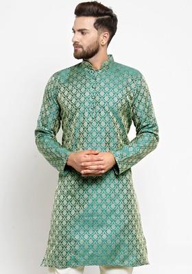 Green Woven Design Poly Blend Kurta For Men