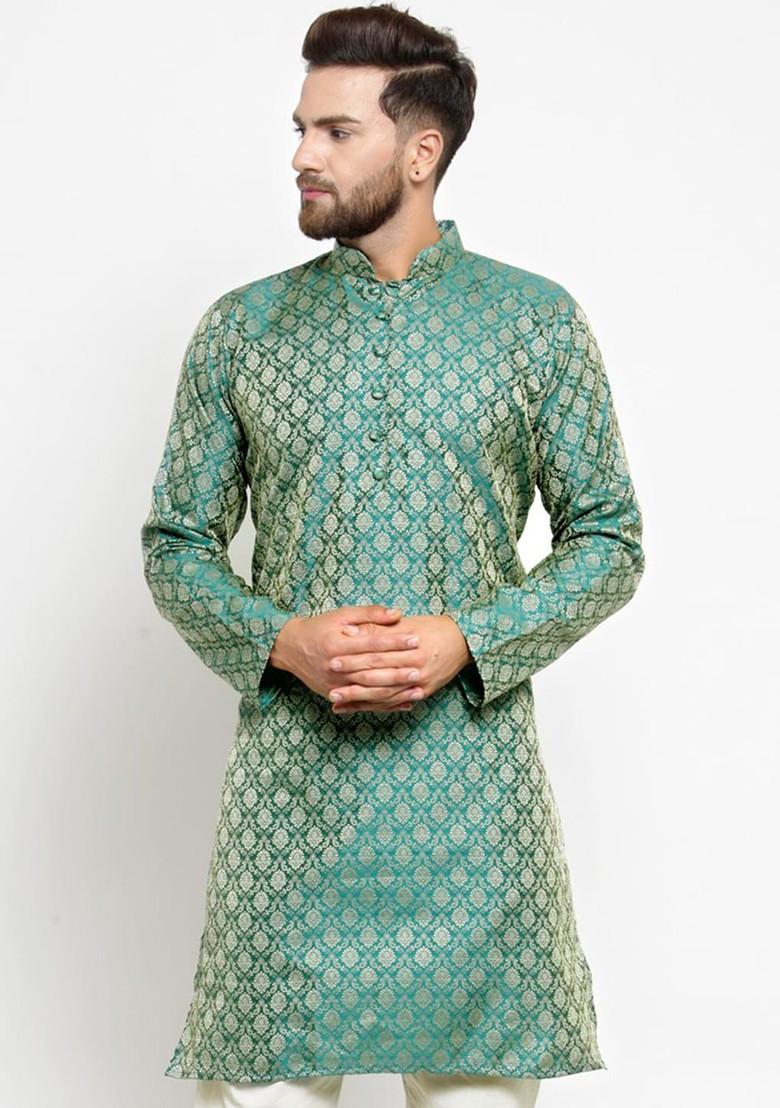 Green Woven Design Poly Blend Kurta For Men - Indya