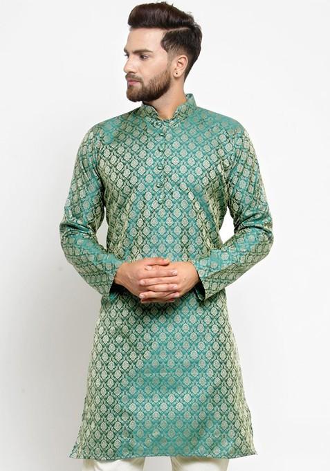 Green Woven Design Poly Blend Kurta For Men — view on Indya