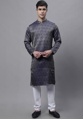 Navy Blue Woven Design Poly Blend Kurta For Men