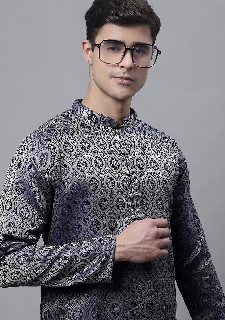 Navy Blue Woven Design Poly Blend Kurta For Men
