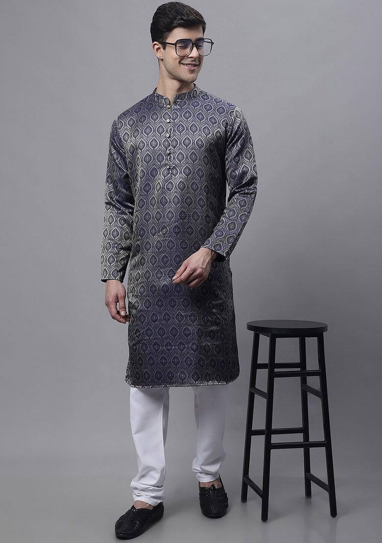 Navy Blue Woven Design Poly Blend Kurta For Men