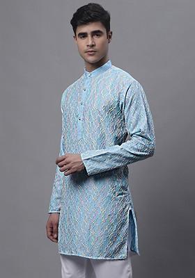 Blue Embroidered Poly Blend Kurta For Men