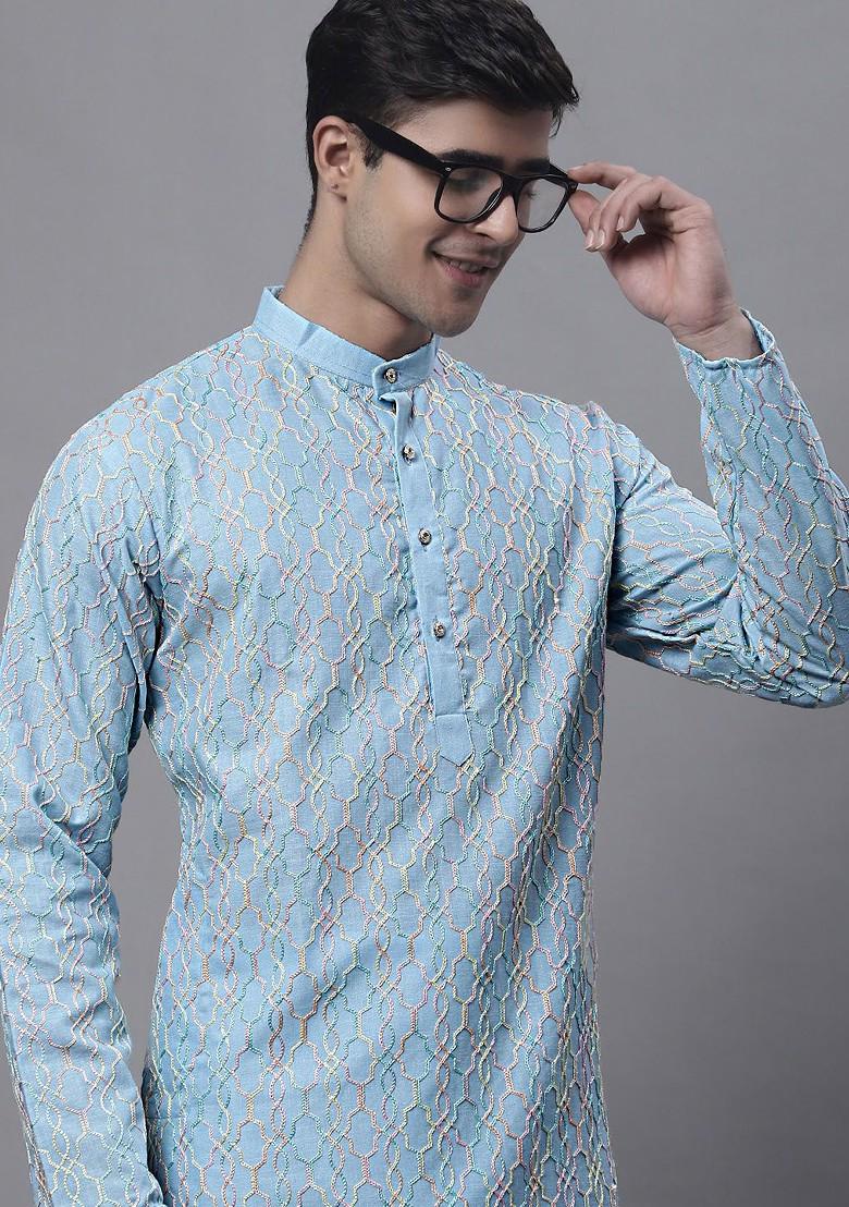 Blue Embroidered Poly Blend Kurta For Men