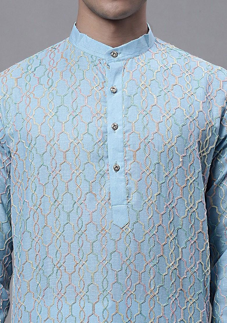 Blue Embroidered Poly Blend Kurta For Men