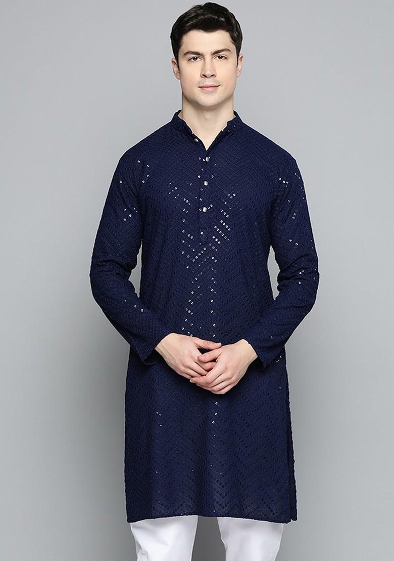 Navy Blue Embellished Poly Blend Kurta For Men