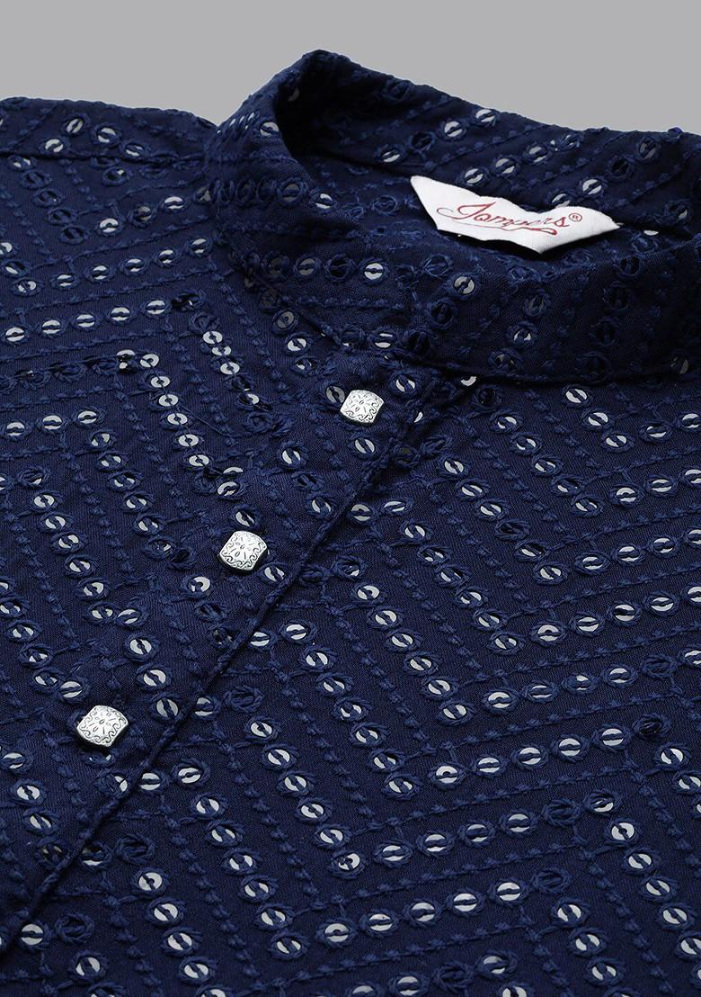 Navy Blue Embellished Poly Blend Kurta For Men