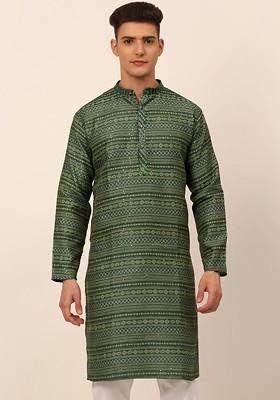 Green Printed Poly Blend Kurta For Men