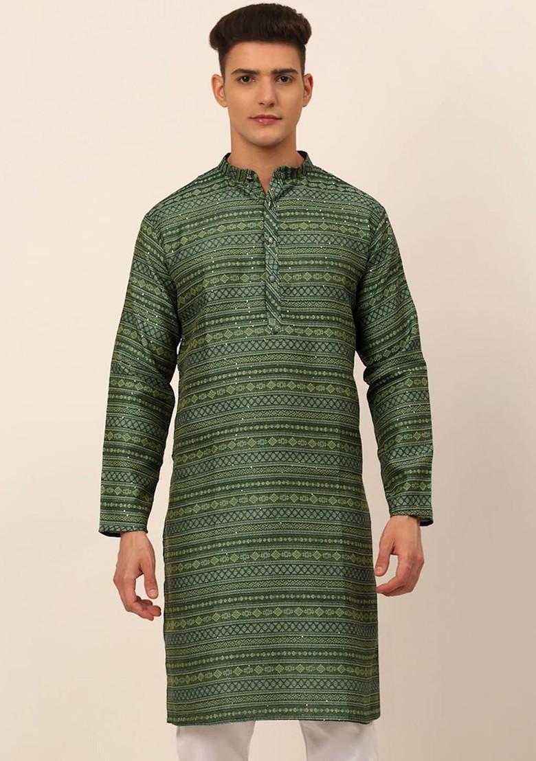 Green Printed Poly Blend Kurta For Men