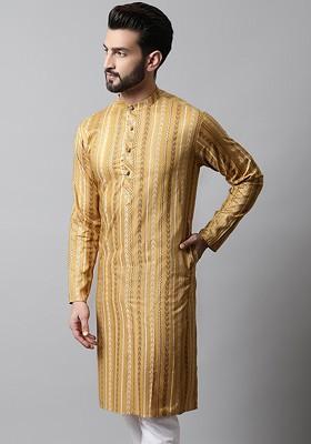 Beige Woven Design Poly Blend Kurta For Men