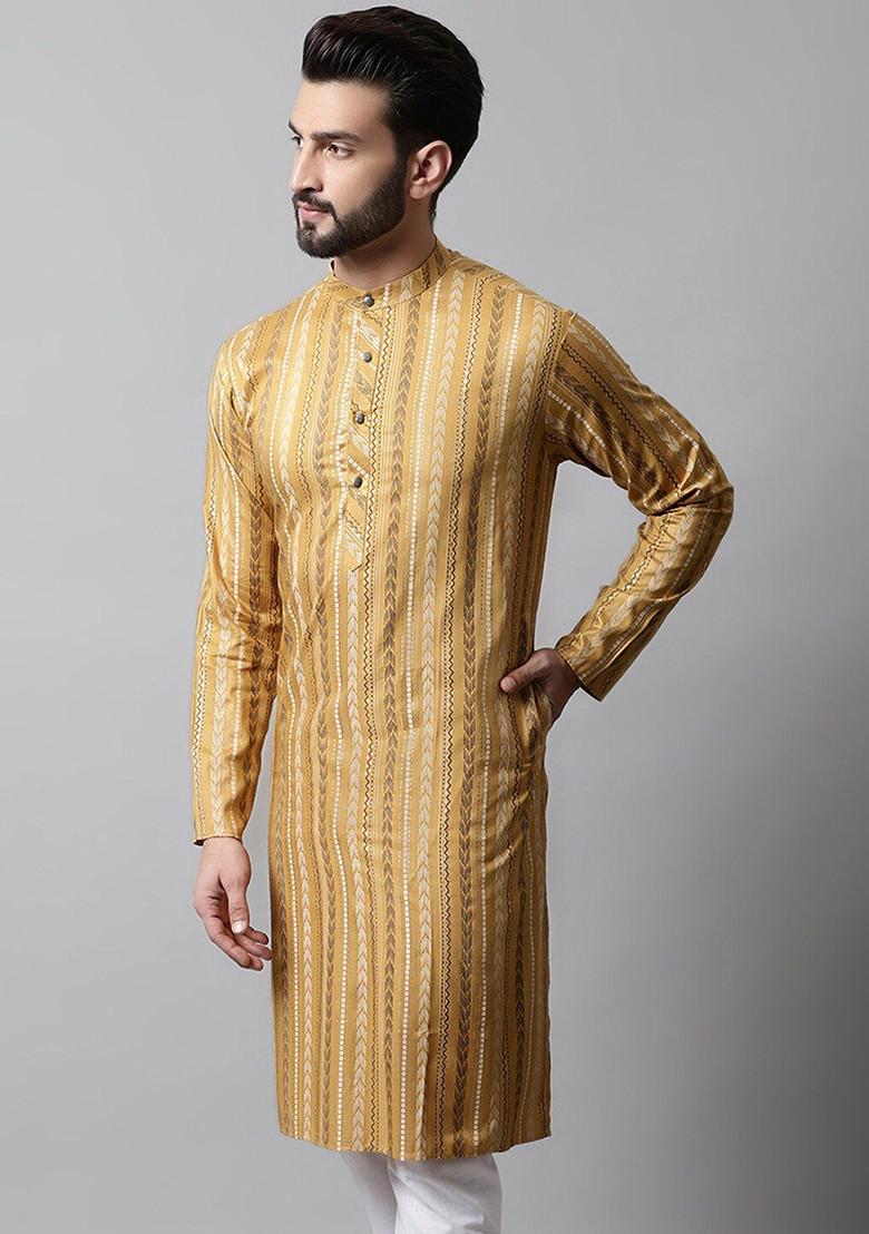Beige Woven Design Poly Blend Kurta For Men