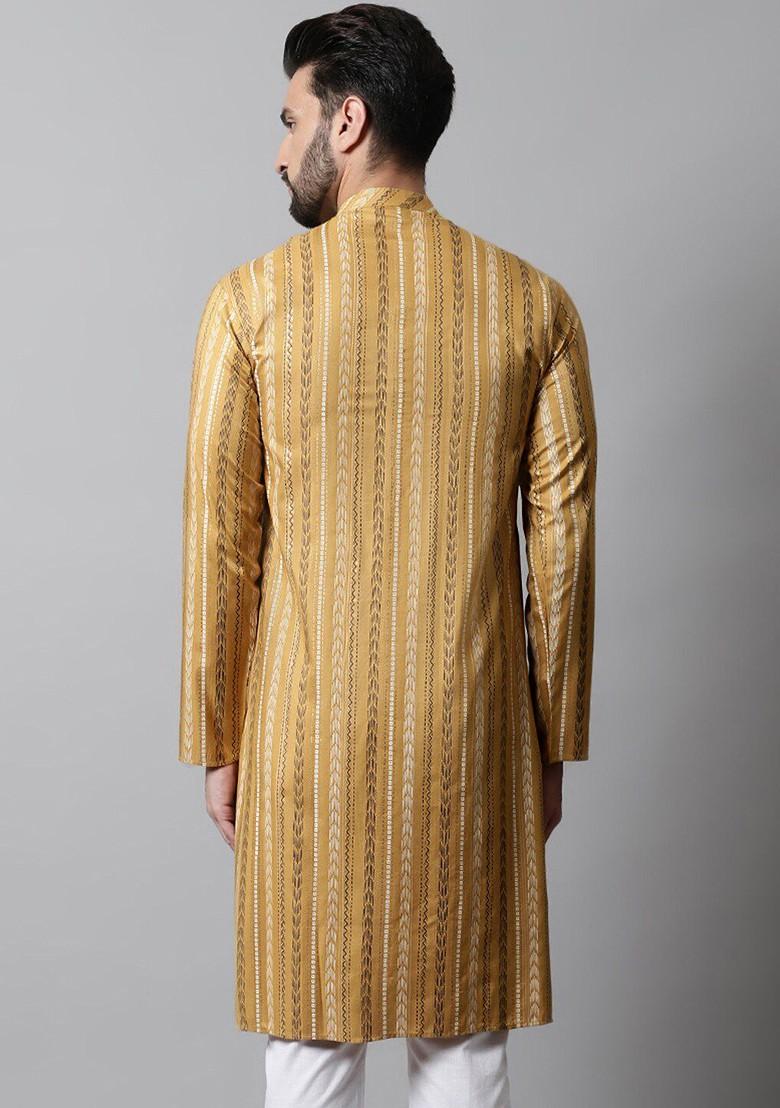 Beige Woven Design Poly Blend Kurta For Men
