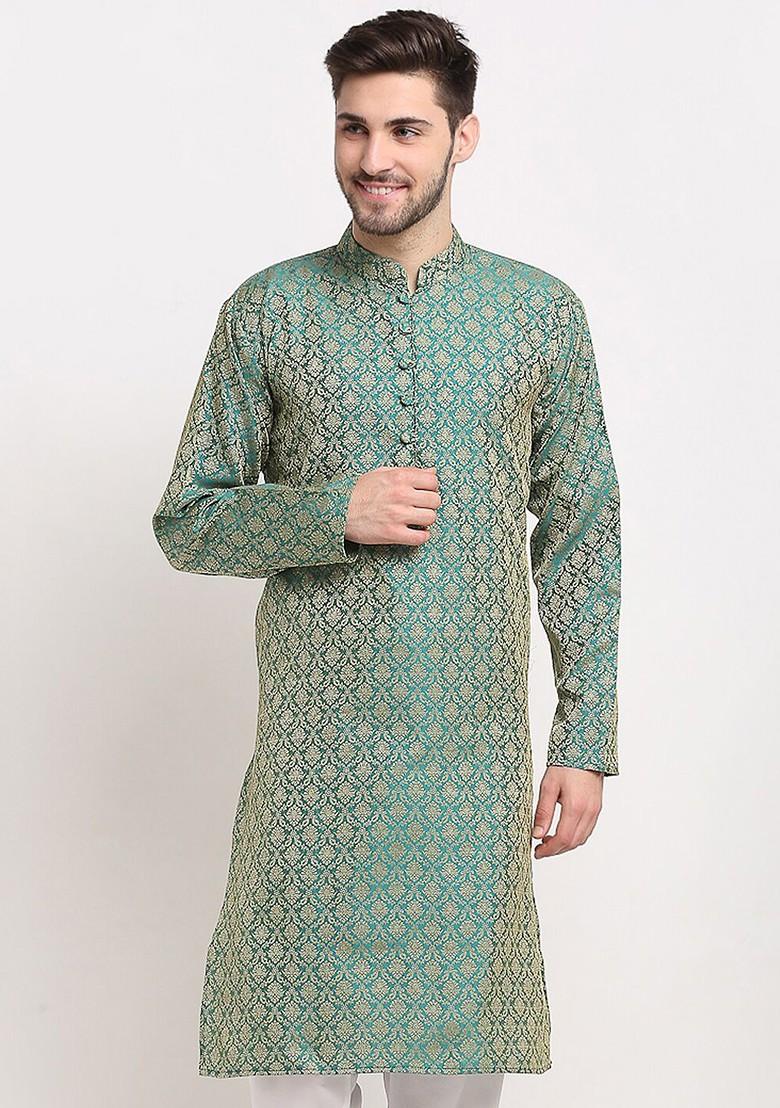 Green Woven Design Poly Blend Kurta For Men
