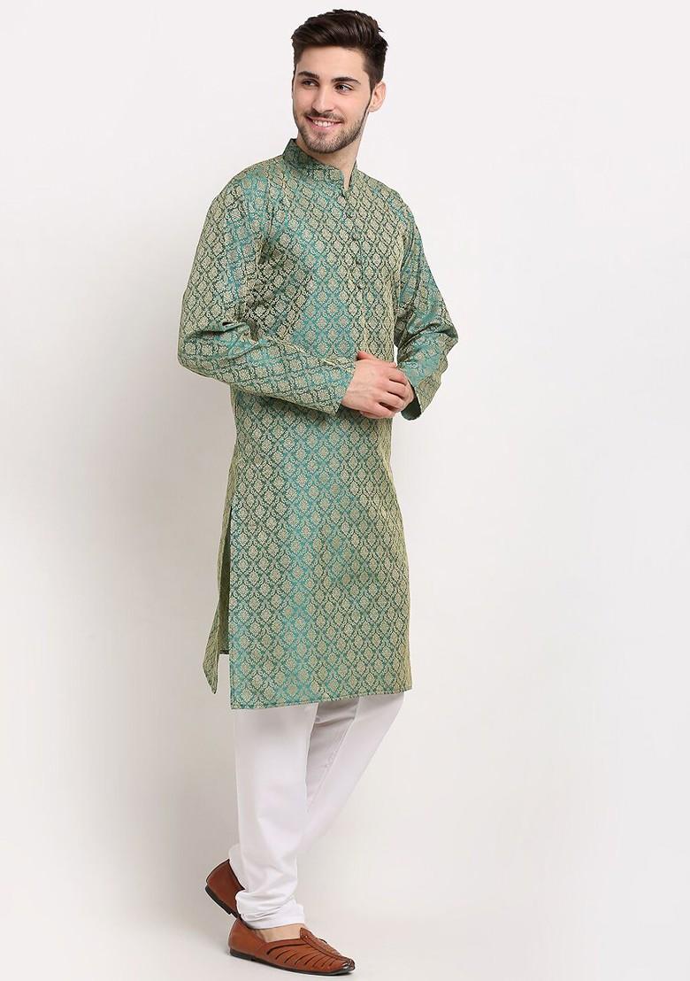 Green Woven Design Poly Blend Kurta For Men