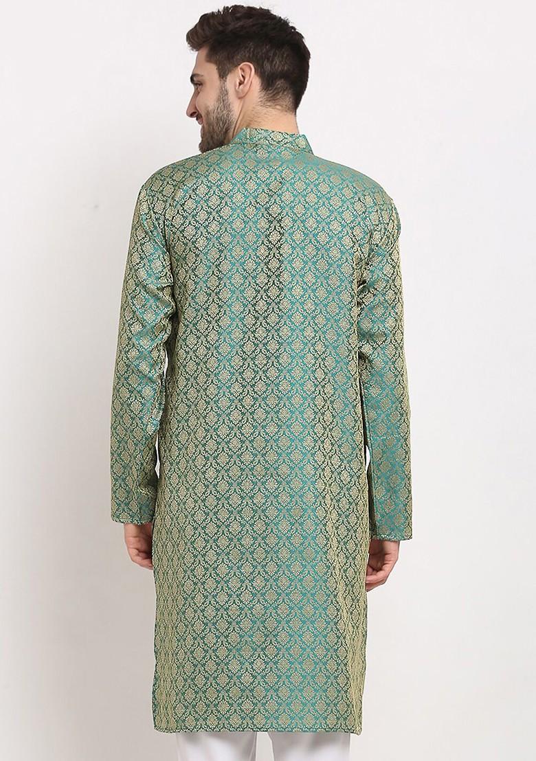 Green Woven Design Poly Blend Kurta For Men