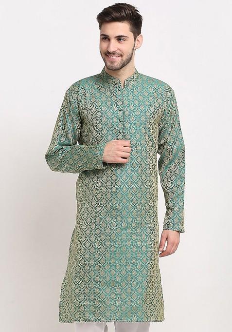 Green Woven Design Poly Blend Kurta For Men